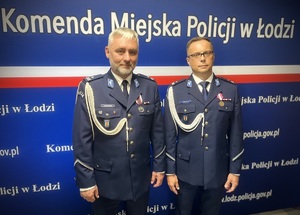 Mianowani na wyższe stopnie policyjne I Zastępca Komendanta Miejskiego Policji w Łodzi podinspektor Wojciech Malarczyk i Zastępca Komendanta Miejskiego w Łodzi podinspektor Jakub Kowalczyk.