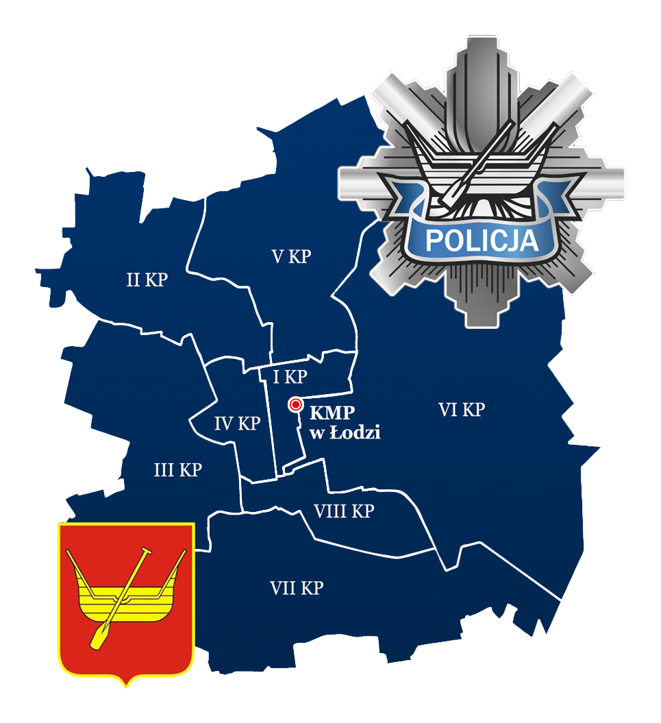 Mapa Miasta Łodzi z zaznaczonymi obszarami Komisariatów Policji Komendy Miejskiej Policji w Łodzi.