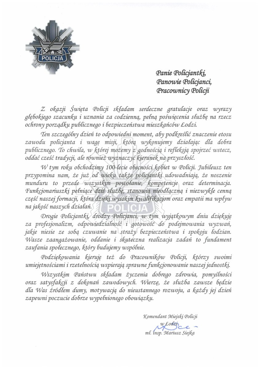 Życzenia Komendanta Miejskiego Policji w Łodzi z okazji Święta Policji.