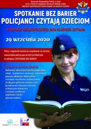 Plakat promujący wydarzenie, na pierwszym planie umundurowana policjantka stoi z otwartą książką.