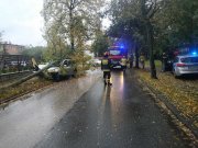 Miejsce zdarzenia, na którym widać toyotę przygnieciona drzewem, w które kierujący uderzył, oraz pojazdy oznakowane Straży Pożarnej i Policji. Umundurowani funkcjonariusze przemieszczają się po jezdni