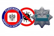 Trzy koła z logo Państwowej Insekcji Sanitarnej, Policji oraz grafika z przekreślonym wirusem.