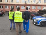 Policjanci prowadzą zatrzymanego, który ma kajdanki założone na ręce trzymane z tyłu.