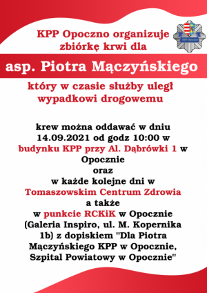 Plakat informujący o akcji i miejscach gdzie można oddać krew