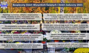 Plakat profilaktyczny zawierający porady jak bezpiecznie się zachowywać podczas Dnia Wszystkich Świętych