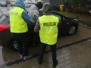 Na zdjęciu funkcjonariusze policji wprowadzjący do auta podejrzanego. Policjanci mają założone żółte kamizelki odblaskowe z napisem Policja.