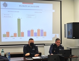 Komendant Miejski Policji w Łodzi podczas omawiania prezentacji.