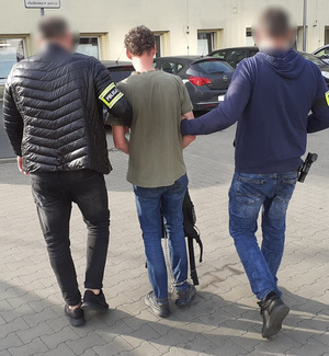 Policjanci prowadzą sprawcę.