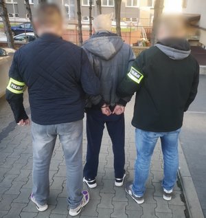 Policjanci prowadzą podejrzanego, mężczyzna ma założone na rekach kajdanki.