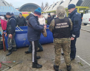 Łódzkie targowisko podczas kontroli policji i straży rybackiej.