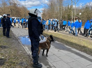 Policjanci biorący udział w zabezpieczeniu meczu, przemarsz kibiców nadzorowany przez policjantów, w tym przewodników psów służbowych z podopiecznymi.