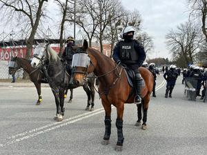 Na pierwszym planie policjanci na koniach za nimi stoją umundurowani funkcjonariusze.