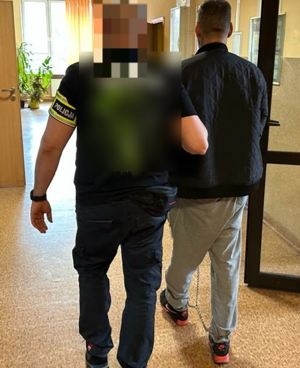 Policjant prowadzi zatrzymanego zakutego w kajdanki zespolone założone na ręce i nogi.