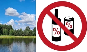 Butelka i puszka przekreślona, woda w oddali brzeg i plaża.
