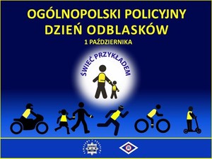 Plakat promujący akcję z rysunkiem różnych uczestników ruchu drogowego z założonymi kamizelkami odblaskowymi.