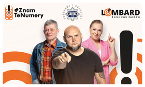 Dwóch mężczyzn i kobieta, napisy #ZnamTeNumery i Lombard, życie pod zastaw.
