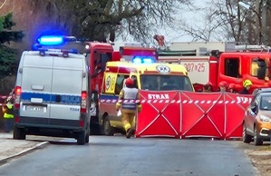 Policja, pogotowie i straż pożarna na miejscu zdarzenia.