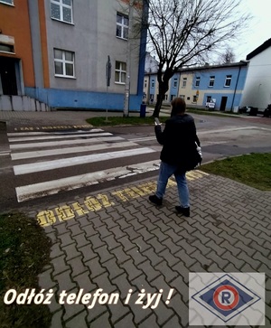 Piesza przed przejściem dla pieszych z telefonem w ręku.