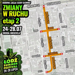 Mapa przedstawiająca utrudnienia w ruchu w związku z festiwalem Łódź Summer Festival.