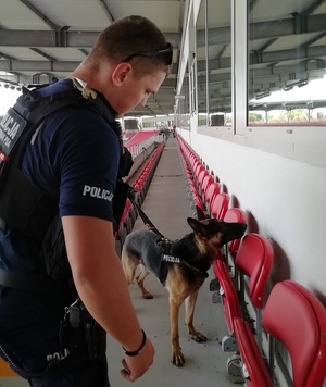 Przewodnik psa wraz ze swoim podopiecznym podczas sprawdzania stadionu.