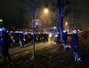 Policjanci z Oddziału Prewencji Policji w Łodzi oraz policyjni przewodnicy psów w trakcie zabezpieczenia przejścia kibiców drużyny przyjezdnej na stadion.