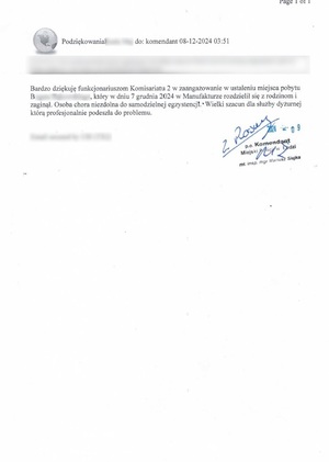 Mail z podziękowaniami dla łódzkich policjantów.
