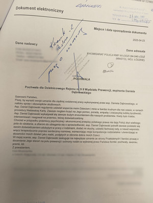 Podziękowania dla dzielnicowego.
