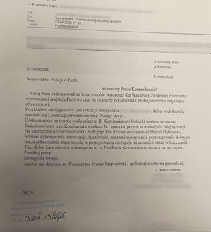 Podziękowania dla dzielnicowego.