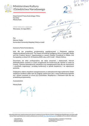 Skan podziękowań z Ministerstwa Kultury i Dziedzictwa Narodowego.
