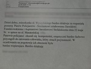 Skan podziękowania przesłanego mailem.