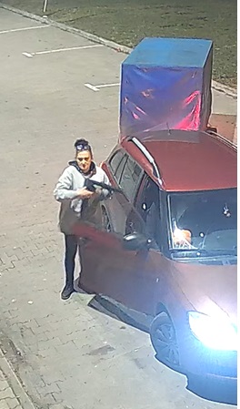 Kobieta stoi przy samochodzie.