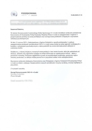 Podziękowania dla retkińskich policjantów.