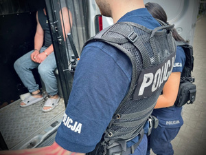 Umundurowani policjanci stoją przed radiowozem, w którym siedzi zatrzymany mężczyzna.