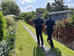 Policjanci kontrolują ogródki działkowe.