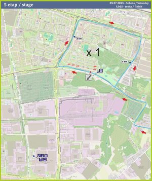 Mapa przedstawiająca trasę wyścigu kolarskiego w Łodzi.