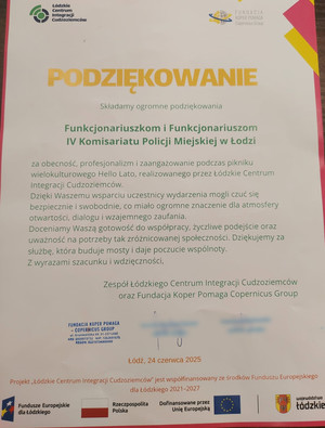 Podziękowania dla policjantów z IV Komisariatu Policji w Łodzi.