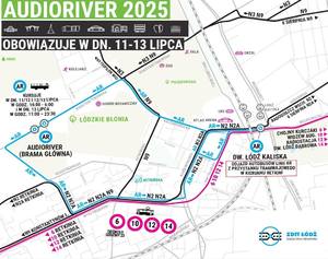 Grafika przedstawiająca trasy linii autobusowych w okolicy festiwalu.