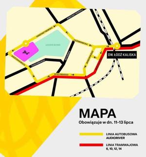 Grafika przedstawiająca trasy linii autobusowych w okolicy festiwalu.