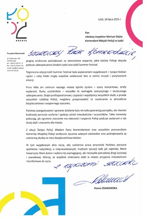 Podziękowania oraz życzenia od Prezydent Miasta Łodzi dla Komendanta Miejskiego Policji w Łodzi.