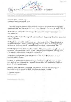 Podziękowania dla łódzkich policjantów.