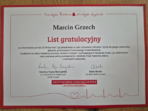 List gratulacyjny dla policjanta - honorowego dawcy krwi.