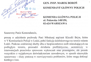 Fragment listu z podziękowaniem dla policjantki.
