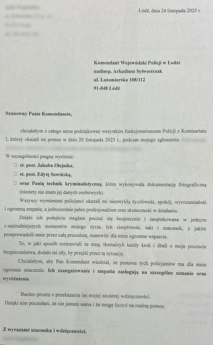 Podziękowanie dla śródmiejskich policjantów.