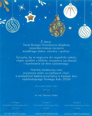 Życzenia Kierownictwa Komendy Miejskiej Policji w Łodzi z okazji Świąt Bożego Narodzenia.
