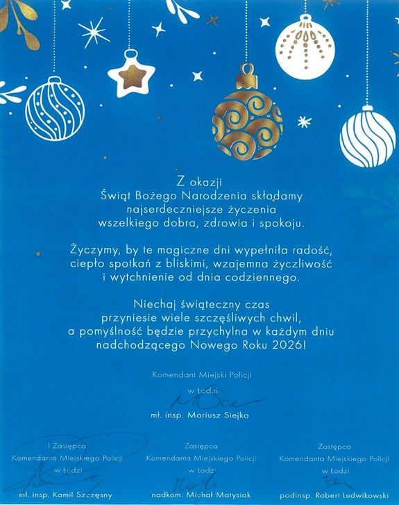 Życzenia Kierownictwa Komendy Miejskiej Policji w Łodzi z okazji Świąt Bożego Narodzenia.
