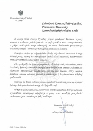 Życzenia Komendanta Miejskiego Policji w Łodzi z okazji Dnia Służby Cywilnej 2026.