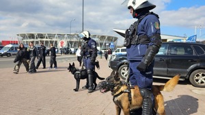 Policyjne zabezpieczenie meczu policjanci z psami.