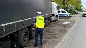 Policjant kontroluje pojazd ciężarowy.