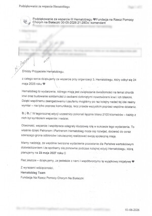 Podziękowania dla Komendy Miejskiej Policji za wsparcie przy organizacji 3 Hematobiegu.