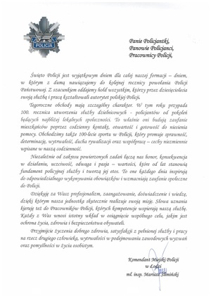 Życzenia Komendanta Miejskiego Policji w Łodzi w okazji Święta Policji.